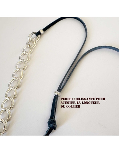 Collier long maillons cuir et chaine plaqué argent
