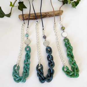 Collier long maillons cuir et chaine plaqué argent