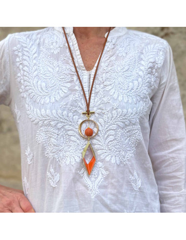 Collier sautoir pendentif losange émail de couleur