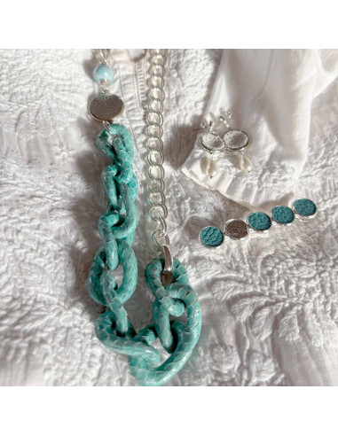 Collier long maillons cuir et chaine plaqué argent