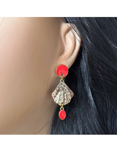 Boucles d'oreilles palme martelée dorée et...