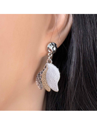 Boucles d'oreilles pétales cuir or et argent