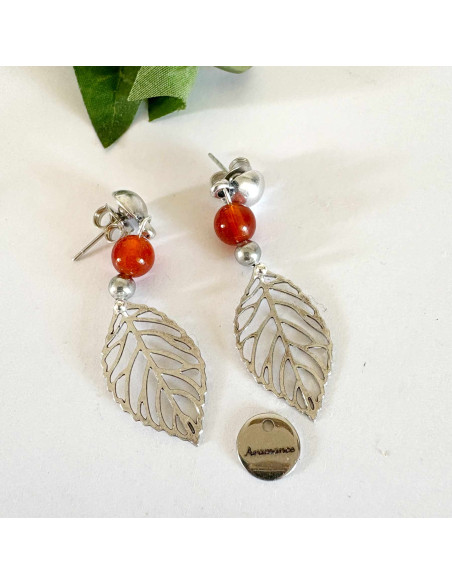 Boucles d'oreilles feuilles filigrane et pierre naturelle