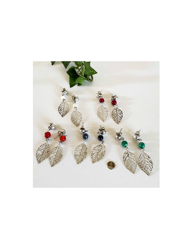 Boucles d'oreilles feuille filigrane argentée et pierres naturelles ou nacre