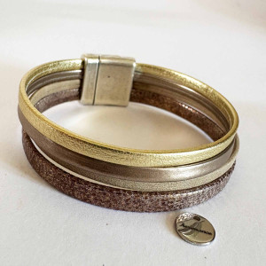Bracelet cuir 4 liens aux tons cuir,or et taupe montés sur fermoir aimanté 2