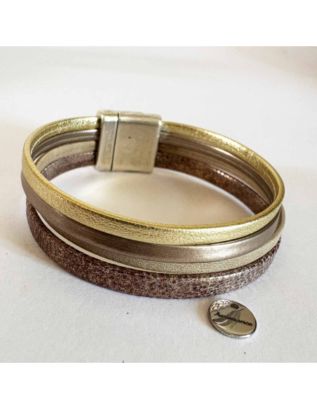 Bracelet manchette cuir aux tons cuivre et bruns