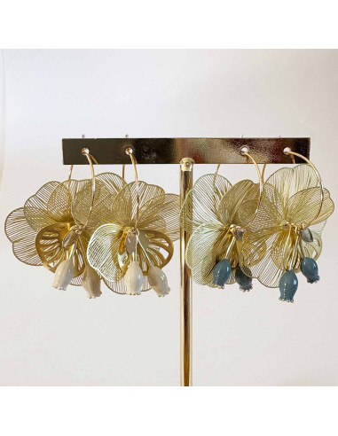 Boucles d'oreilles créoles fleurs dorées et...
