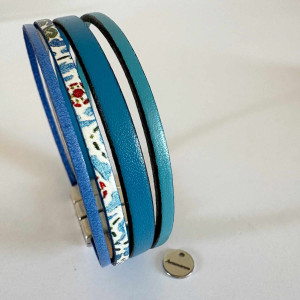 Bracelet 4 liens cuir bleu et cuir motif sur fermoir aimanté 2