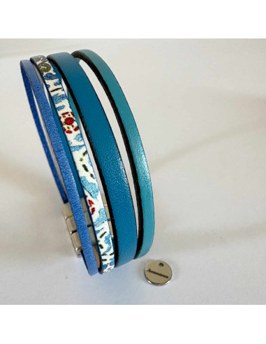 Bracelet cuir bleu et motifs