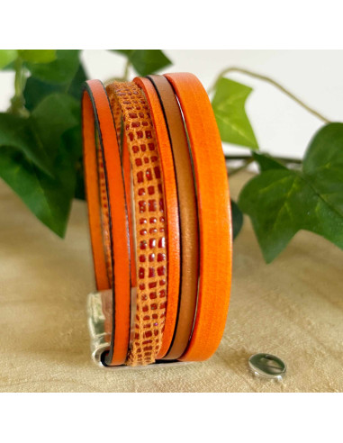 Bracelet manchette cuir tons orange,5 liens