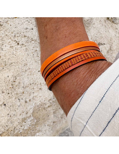 Bracelet manchette cuir tons orange,5 liens