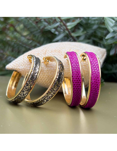 Boucles d'oreilles joncs en laiton doré à l'or fin 24 carats avec cuir