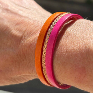 Bracelet en cuir 3 liens : 2 liens cuir uni et 1 lien cuir tressé sur fermoir aimanté argenté 2