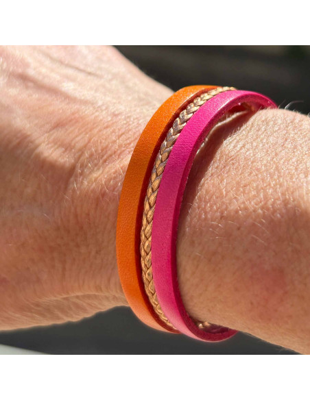 Bracelet cuir 3 liens uni et tressé