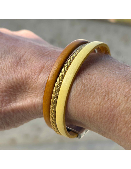 Bracelet cuir 3 liens uni et tressé