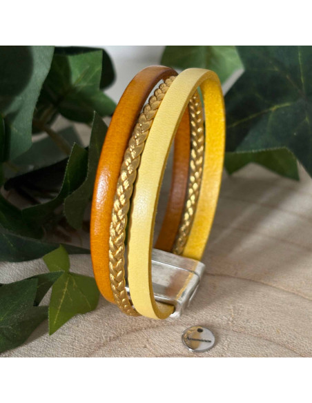 Bracelet cuir 3 liens uni et tressé