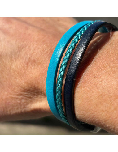Bracelet cuir 3 liens uni et tressé