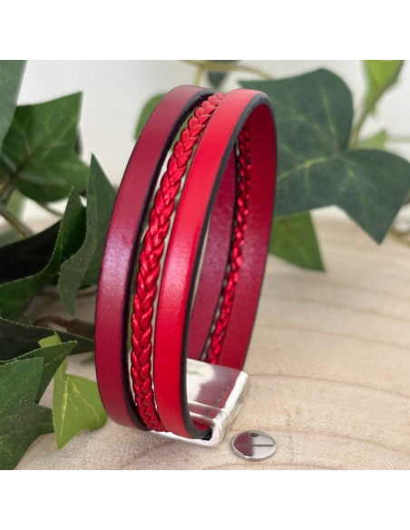 Bracelet cuir 3 liens uni et tressé