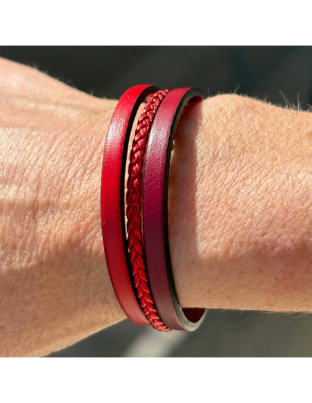 Bracelet cuir 3 liens uni et tressé