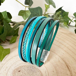 Bracelet manchette 6 liens cuir bleu/vert turquoise