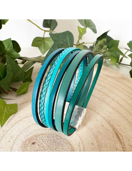Bracelet manchette 6 liens cuir bleu/vert turquoise