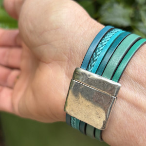 Bracelet manchette 6 liens cuir bleu/vert turquoise 2