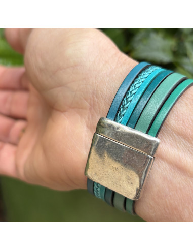 Bracelet manchette 6 liens cuir bleu/vert...