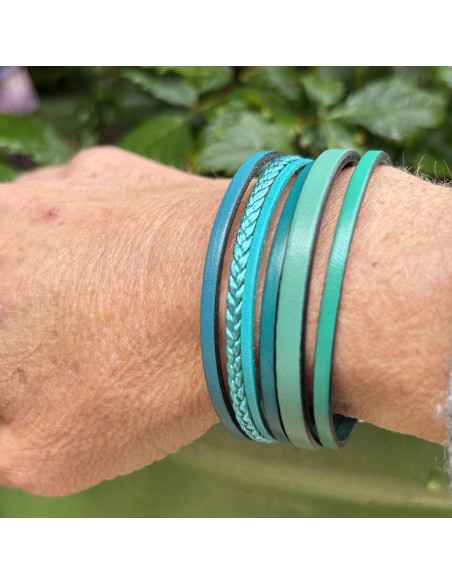 Bracelet manchette 6 liens cuir bleu/vert turquoise