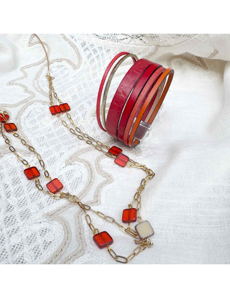 Bracelet manchette cuir 6 liens rouge, doré et orange