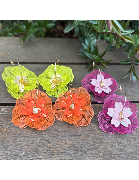Boucles d'oreilles créoles fleurs de couleur