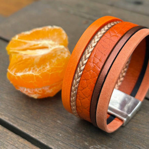 Bracelet cuir manchette diverses nuances de orange sur fermoir aimanté 2