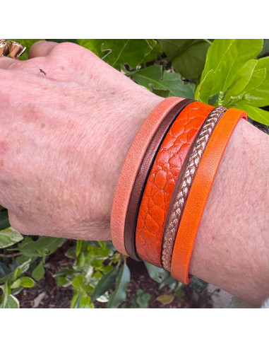 Bracelet cuir manchette diverses nuances de orange sur fermoir aimanté