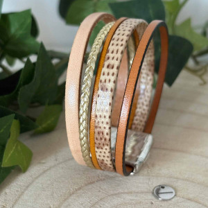 Bracelet cuir manchette beige, moutarde et doré