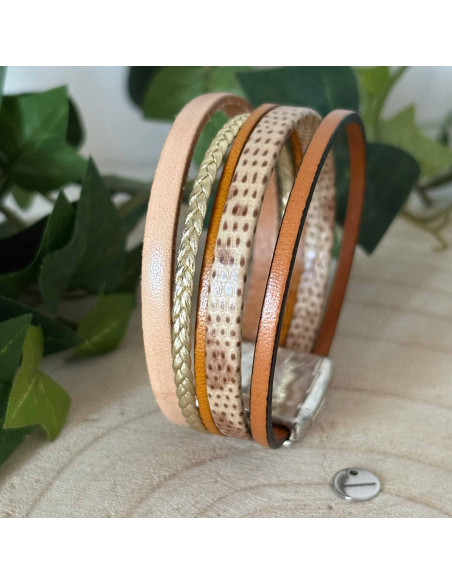 Bracelet cuir manchette beige, moutarde et doré
