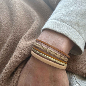 Bracelet cuir manchette beige, moutarde et doré 2