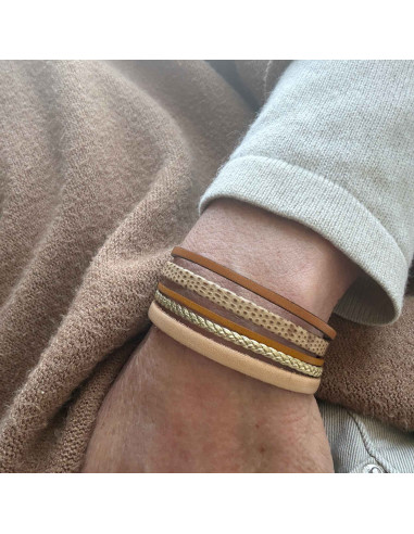 Bracelet cuir manchette beige, moutarde et doré