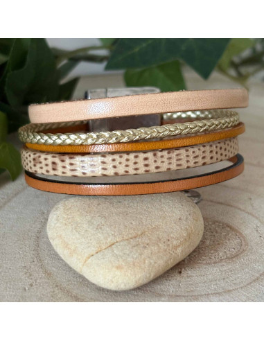 Bracelet cuir manchette beige, moutarde et doré