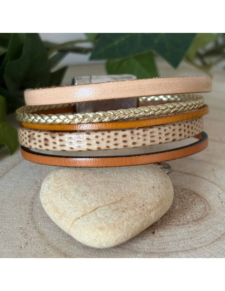 Bracelet cuir manchette beige, moutarde et doré