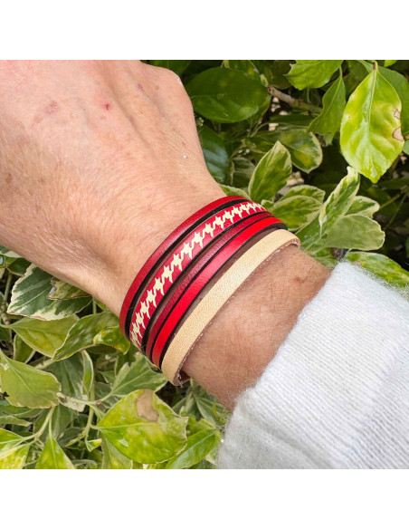 Bracelet manchette cuir beige et rouge