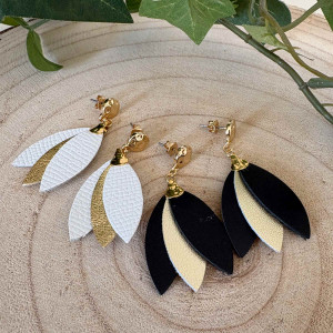 Boucles d'oreilles pétales de cuir or et noir/blanc 2