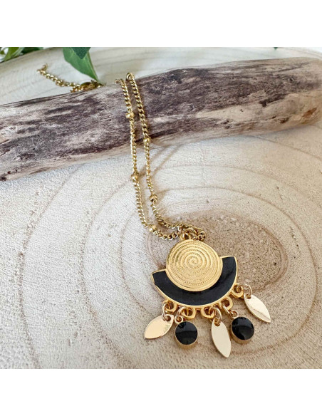 Collier noir et or pendentif émaillé